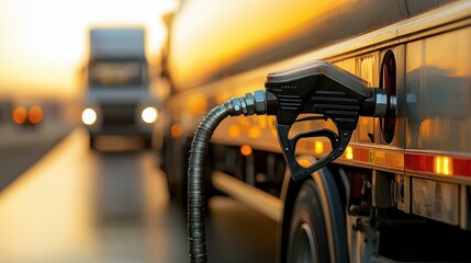 Fuel pump nozzle at truck, sunset background, conveying sense of industry and transportation. 