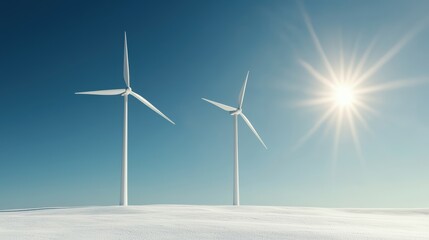 Fototapeta premium Wind turbines stand tall against clear blue sky, radiating sense of tranquility and sustainability under bright sun. 