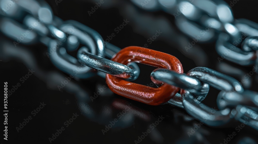 Poster a close up view of chain with distinct red link, symbolizing strength and connection. image conveys 