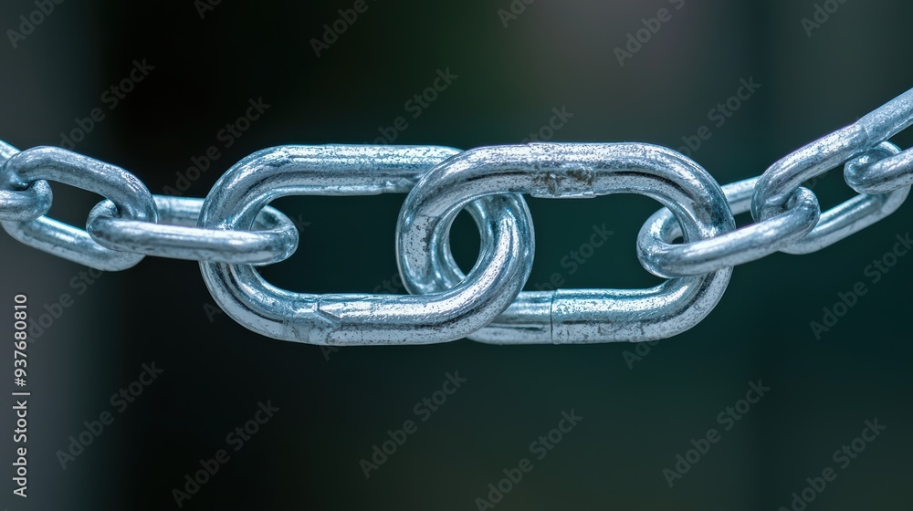 Poster a close up view of interlinked metal chains, symbolizing strength and connection. shiny surface refl
