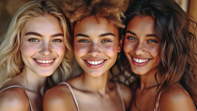 Young, attractive Scandinavian, Afro, and Caucasian women standing happy together against a brown backdrop