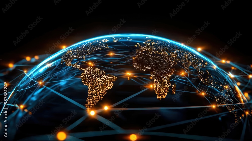 Poster digital globe with glowing connections represents global networking and technology. image conveys se
