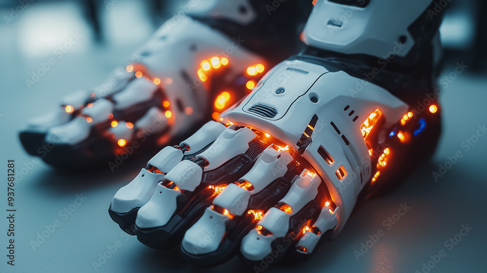 Aufkleber a pair of robotic feet with glowing lights on them. the concept of the image is futuristic and advan