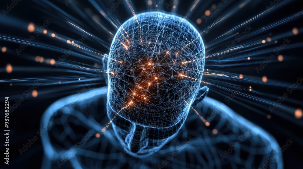 Poster a digital representation of human head with neural connections and glowing points, symbolizing thoug
