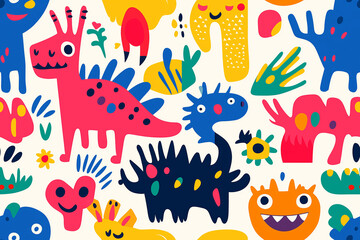 Fototapeta premium A fun and vibrant seamless pattern with colorful cartoon dinosaurs and plants, ideal for children's designs, featuring red, blue, yellow, and green tones.