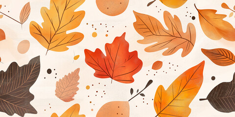 A seamless pattern with autumn leaves in warm tones of orange, brown, and yellow on a light background, evoking a cozy and seasonal atmosphere.