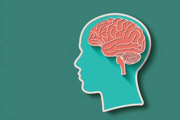 Obraz premium Illustration of a human head silhouette with a detailed brain overlay on a teal background