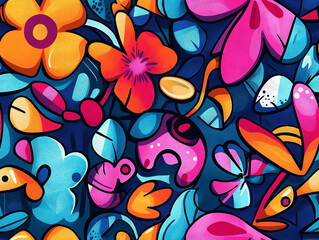 A bold and colorful seamless pattern featuring abstract floral elements with vibrant colors on a dark blue background. The design is playful, energetic, and dynamic.