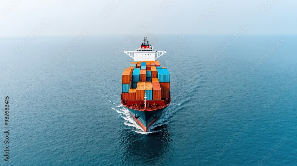 Poster large cargo ship navigating through calm waters, showcasing colorful containers stacked high. scene 