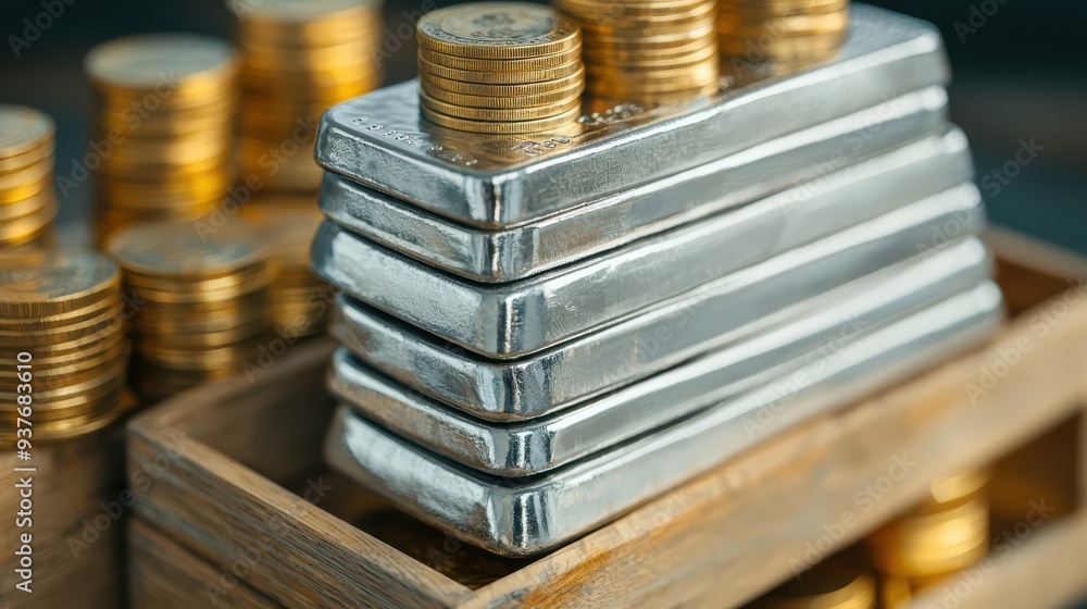 Poster stacks of silver bars and coins symbolize wealth and investment. shiny surfaces reflect light, creat