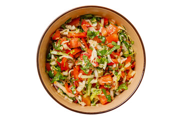 prepeared at home vitamin vegetable salad in ceramic bowl  isolated on white top view