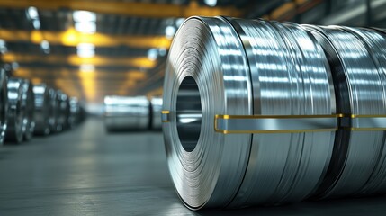 Metal coils in warehouse, showcasing shiny, industrial aesthetic. image conveys sense of order and precision in manufacturing. 