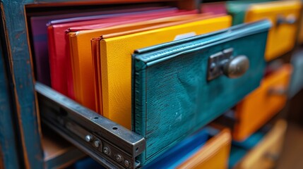 Colorful drawers filled with vibrant files in a creative workspace inviting organization and inspiration. Generative AI