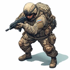 Fototapeta premium A Russian Soldier in Combat Gear Holding a Rifle