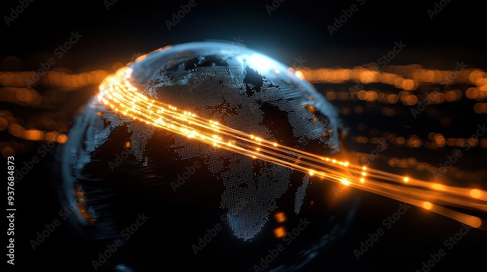 Poster a glowing globe with bright lines representing connectivity and technology. image evokes sense of gl