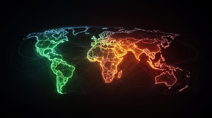 Fototapeta premium A vibrant digital map of world, showcasing interconnected lines in green, blue, and orange, symbolizing global connectivity and technology. 