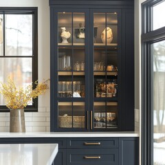 a kitchen with dark blue cabinets and a white counter