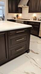 a kitchen with dark wood cabinets and marble counter tops