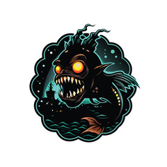 A monstrous deep-sea creature with glowing eyes and bioluminescent markings, emerging from the depths with a menacing grin.