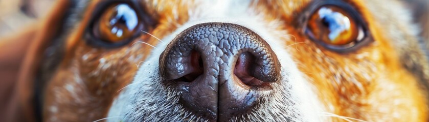 Close-up of a dog's wet nose and eyes with reflection.