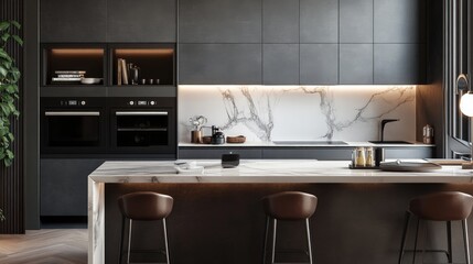 Modern Kitchen Interior Design with Marble Countertops and Dark Cabinets.