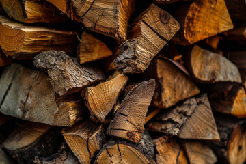 Processed image of pile of chopped fire wood prepared for winter. Firewood dry chopped background