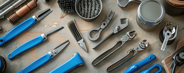 Fototapeta premium A collection of various tools, including pliers, wire cutters, and a wooden handle, arranged on a concrete surface.