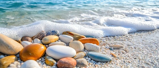 Peaceful Shoreline: Waves Caressing Colorful Pebbles