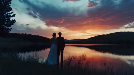 Newlywed couple standing together by a tranquil lake embracing as the sun dips below the horizon creating a breathtaking romantic atmosphere on their special day