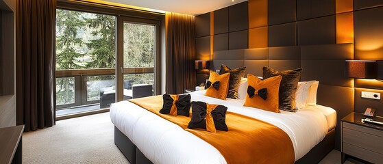 Luxury hotel bedroom featuring warm colors, modern decor, and large windows with a view of nature, perfect for relaxation.
