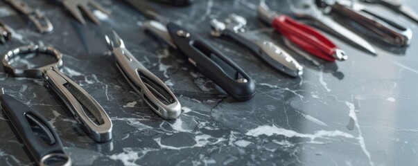 Fototapeta premium Closeup of a variety of tools with silver and black handles laid out on a gray marble surface.
