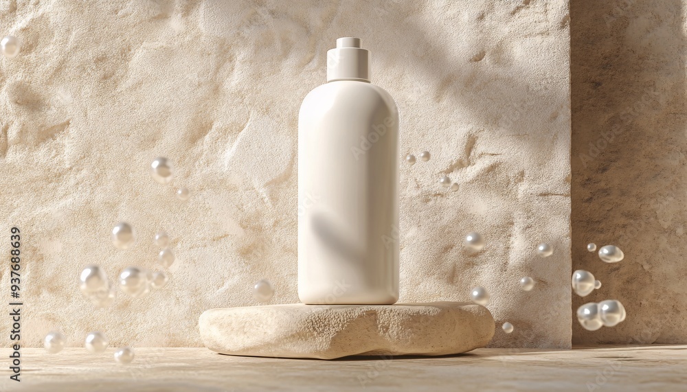 Wall mural White Body Lotion Bottle on Wet Light Brown Stone for Skincare Mockup