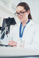 Fototapeta premium Microscope, sample and scientist with clinical research, chemistry lab and biology for pharmaceutical. Female person, pipette and petri dish for pathology, test and results in mpox vaccine in Denmark