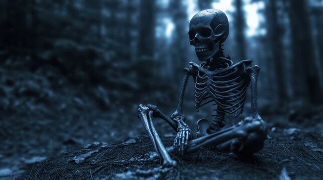 a skeleton sitting in the woods at night