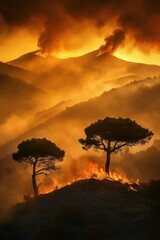 two trees stand on a hillside with smoke billowing from the ground