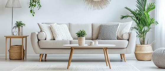 A cozy living room featuring a modern sofa, decorative pillows, and indoor plants, creating an inviting atmosphere.