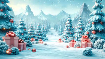 Happy new year. A snow-covered landscape in a fir forest with several pink gift boxes with red ribbons and Christmas balls