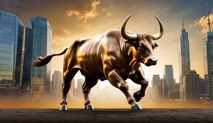 A golden, geometric bull sculpture stands powerfully in the center of a cityscape, surrounded by towering skyscrapers, symbolizing strength and finance.