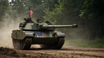 Artillery tank with united states flag which has unique attraction is ready moving forward