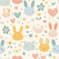 Seamless pattern with cute cartoon animals and flowers.