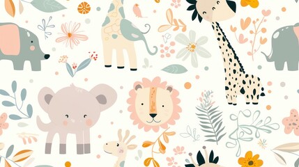 Seamless pattern with cute animals and floral elements on a white background.