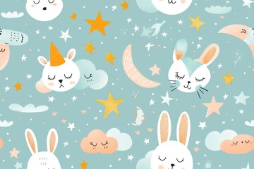 Seamless pattern with cute sleeping bunny rabbits, stars, clouds and moon on a blue background.