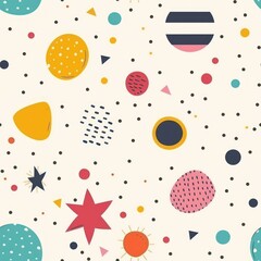 Seamless pattern with colorful geometric shapes and black dots on a white background.