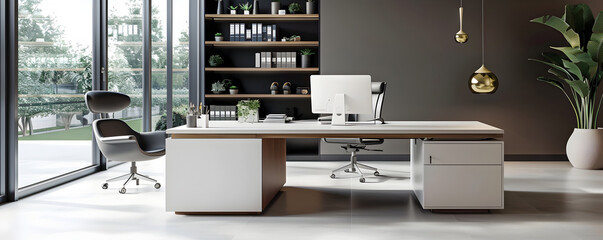 Sophisticated Modern Minimalist Workspace with Sleek Design and Natural Lighting