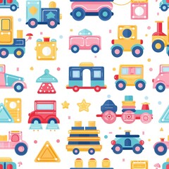 Seamless pattern with cute colorful toy cars, trucks and geometric shapes.