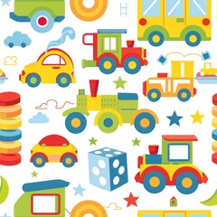 Seamless pattern with colorful toy cars, trains, and other items on a white background.