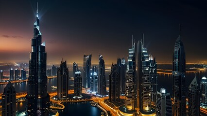 Fototapeta premium In the glittering darkness of a nocturnal Dubai, a futuristic cityscape comes alive with vibrant lights and sleek skyscrapers