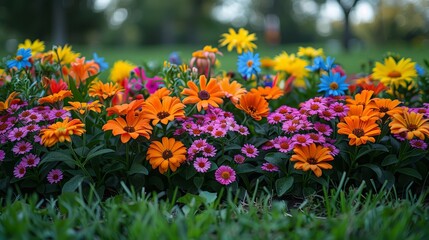 Obraz premium Vibrant floral display in a sunny park showcasing a variety of colorful blooms in springtime splendor. Generative AI