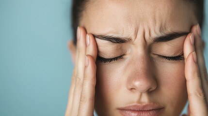 Closeup of a person massaging their temple, suffering from a relentless migraine ache, mental health awareness