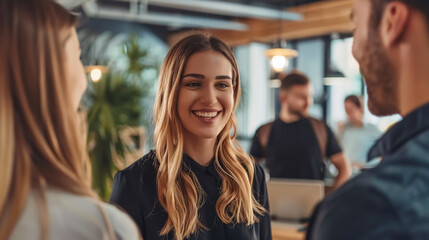 Fototapeta premium Young Business People Talking in Office: Young business professionals engaged 